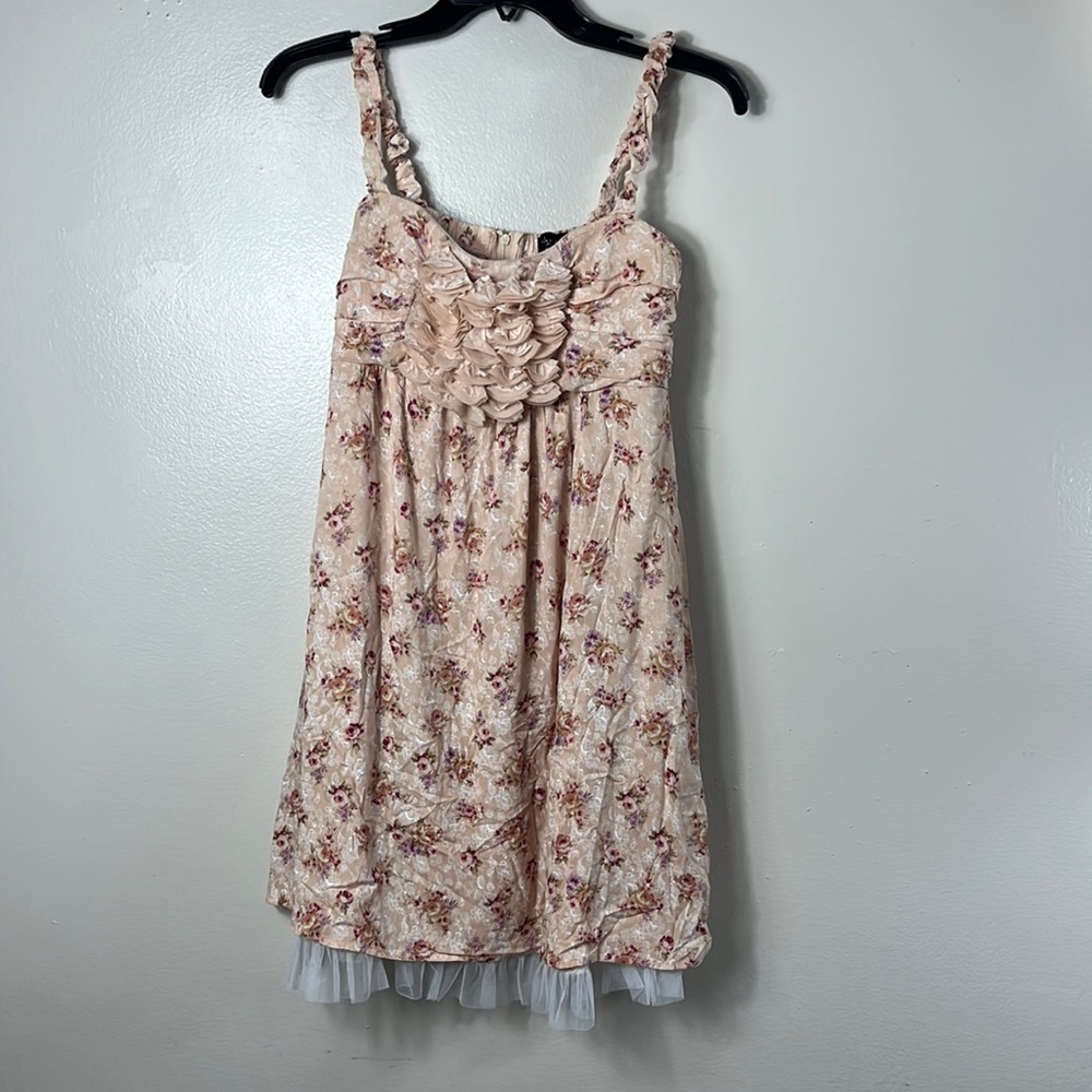Ruby Rox tan floral spaghetti strap ruffled mini dress size 9